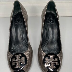Tory Burch Metallic Pewter Wedge Heels